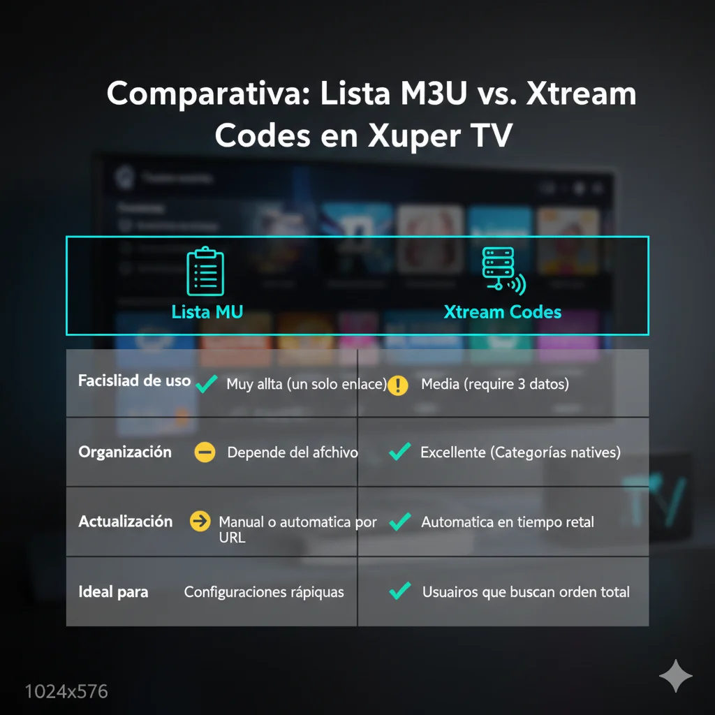 Diferencias entre formato de lista m3u de xuper tv y códigos Xtream para IPTV