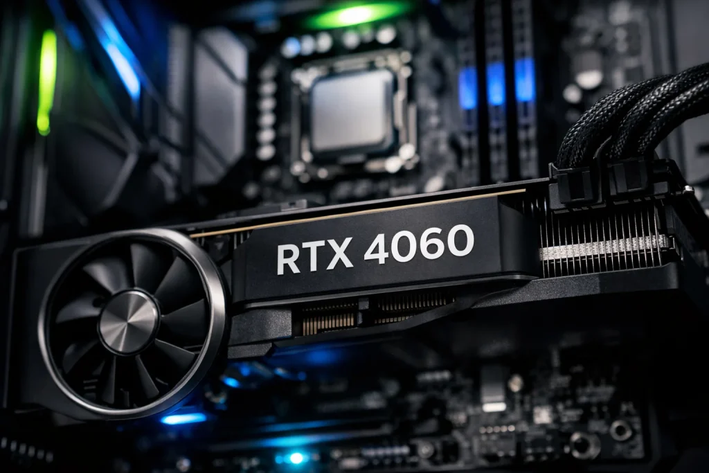 Tarjeta gráfica RTX 4060 instalada en PC gaming con iluminación RGB y procesador visible en 2026