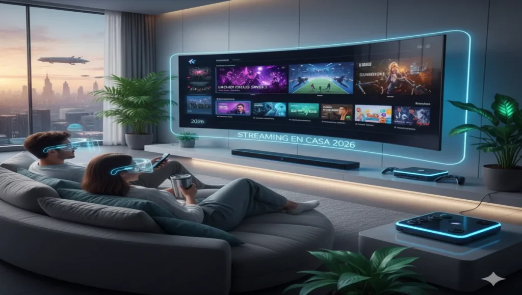 Streaming en casa 2026: pareja viendo TV con plataforma de streaming en pantalla grande y consola conectada en una sala moderna con iluminación tecnológica