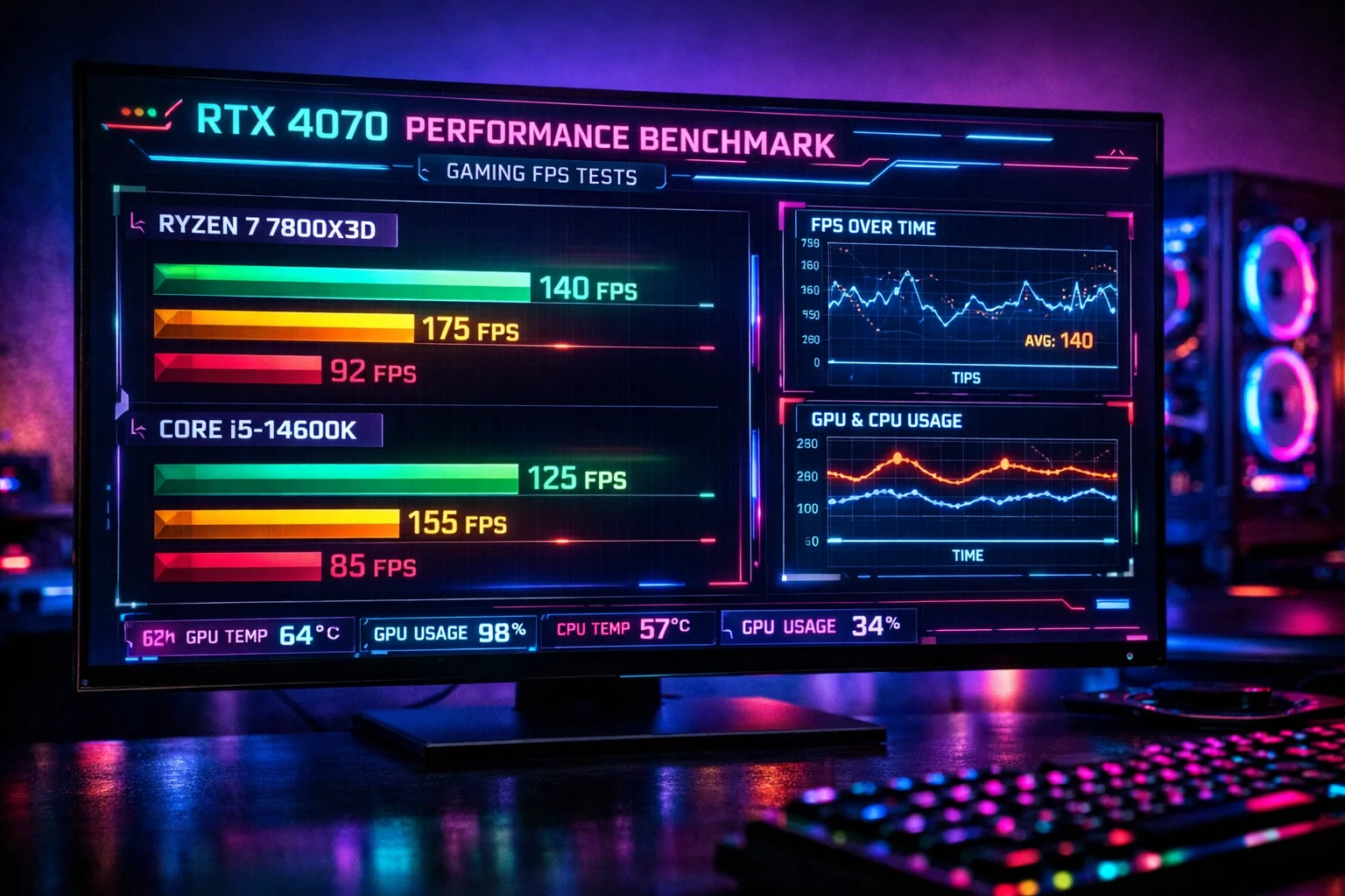setup gaming con RTX 4070 mostrando benchmarks de rendimiento